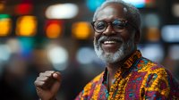 Cheerful mature African American man with gray beard and glasses wearing bright traditional ethnic pattern shirt laughing against blurred bokeh background.