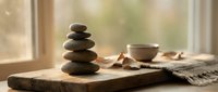 Zen stone stack on wooden board with tea cup creating peaceful meditation atmosphere by sunny window for mindfulness and relaxation practices.