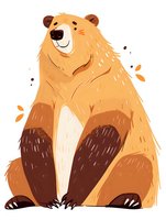 Friendly cartoon brown bear with expressive smile sitting in relaxed pose on white background. Cheerful character design for children books and greeting cards.