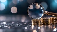 Magnifying glass examining stacks of golden coins on dark background with bokeh lights, representing financial analysis, investment research and wealth growth.