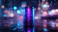 Glowing purple energy drink can with sparkles on wet reflective surface against blurred neon city lights and rain drops, futuristic beverage concept.