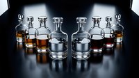 Assorted glass bottles and decanters filled with amber and clear liquids arranged on reflective black surface for beverage, spirits, and alcohol product display.