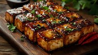 Grilled tofu steaks with teriyaki glaze and fresh herbs on wooden cutting board, plant-based protein meal for healthy vegetarian and vegan cooking recipes.