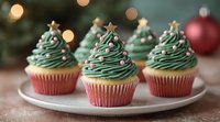 Festive Christmas tree cupcakes with green frosting swirls, decorated with silver star sprinkles and served on white plate. Holiday bokeh background creates magical mood.