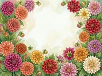 Colorful dahlia flowers frame border with green leaves on light background. Floral arrangement for greeting cards, invitations and decorative designs.