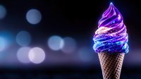 Glowing neon ice cream cone with swirling purple and blue colors against dark bokeh background, perfect for summer dessert promotions.