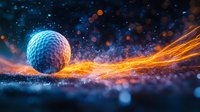 Glowing golf ball with fiery light trails against dark background with bokeh effects and sparks. Dynamic sports concept showing motion and energy.