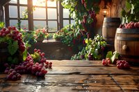 Fresh red grapes on rustic wooden table with wine barrel and sunlit window in background, creating warm atmospheric vineyard setting for food and wine content.