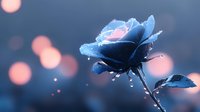 Mystical blue rose with water drops against blurred pink bokeh background, creating dreamy romantic atmosphere for valentines and wedding designs.