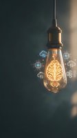 Vintage light bulb with glowing brain filament surrounded by artificial intelligence icons representing innovation, creativity and smart technology solutions.