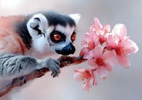 Ring-tailed lemur with bright amber eyes gently touching delicate pink cherry blossoms against soft blurred background, creating magical spring nature moment.