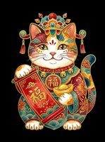 Ornate lucky cat figure with raised paw, wearing decorative collar and holding red banner, isolated on transparent background. Ready for t-shirt design, clipart, stickers, print-on-demand, and sublimation projects.