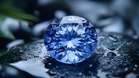 Brilliant blue round cut gemstone on wet dark surface with water drops. Luxury jewelry concept showcasing precision cut facets and exceptional clarity.