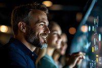 Mature Caucasian businessman with gray beard smiling while analyzing data on digital screen in dark office. Coworkers examining financial charts.