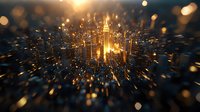 Aerial view of illuminated city skyline at sunset with radial blur effect and golden light bokeh creating dramatic urban landscape perspective.