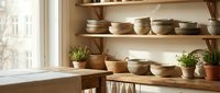 Cozy kitchen interior with wooden shelves displaying ceramic bowls and potted herbs near bright window creating warm homey atmosphere for cooking.