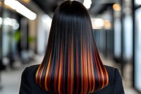 Vibrant rainbow hair color transition from dark to bright orange and red highlights on straight long black hair, back view of Asian woman in business attire.