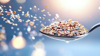 Spoonful of crunchy granola with flying oats and nuts against blurred bokeh background in soft morning light, healthy breakfast concept for food packaging.
