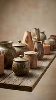Handcrafted ceramic vessels with textured surfaces and wooden lids arranged on rustic wooden board, showcasing artisan pottery collection for home decor and interior design styling.