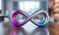 Metallic infinity symbol in gradient pink and blue colors on reflective surface with blurred background, modern minimalist design concept for limitless potential.