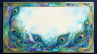 Watercolor peacock feathers border frame with gold accents in teal, blue and green tones, copy space for text or design.
