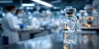 Medical vial with clear liquid in modern pharmaceutical laboratory with blurred scientists working in background for healthcare research.