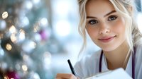Young blonde female doctor in white coat with stethoscope smiling warmly at camera with soft bokeh Christmas lights background for holiday healthcare concept.
