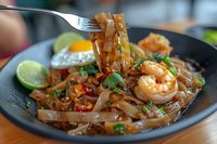 Stir-fried rice noodles with shrimp, egg and lime in dark plate. Traditional Asian cuisine with rice noodles lifted by fork showing texture and sauce coating.