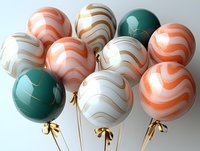 Festive party balloons in coral pink, emerald green and white with elegant gold wavy stripes and ribbons arranged on light background for celebration design.
