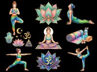 Colorful yoga clipart set with women in poses, lotus flowers, om symbol, hamsa, and accessories, isolated on transparent background, for t-shirts, stickers, sublimation.
