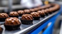 Chocolate truffles with glossy ganache coating in black paper cups arranged in rows on blue surface, selective focus on single praline in foreground.