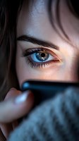 Close-up of a blue eye with golden eyeshadow and long eyelashes looking at smartphone screen in dark ambient lighting, creating dramatic atmosphere.