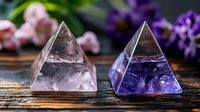 Crystal pyramids in amethyst and rose quartz on rustic wooden surface with soft floral background creating mystical healing atmosphere for meditation and spiritual practices.