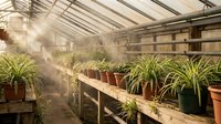 Greenhouse interior with spider plants on wooden shelves, misting system creating humid environment for plant cultivation and gardening activities.