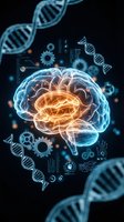 Glowing human brain with DNA strands and digital interface elements on dark background for medical technology and neuroscience research concepts.