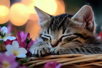 Sleeping tabby kitten in wicker basket with pink plumeria flowers and soft bokeh lights creating dreamy atmosphere, close up portrait of peaceful cat napping.