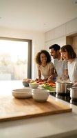 Three diverse friends laughing while cooking together in modern kitchen with fresh vegetables and natural light streaming through window.