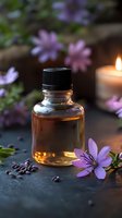 Amber essential oil bottle surrounded by purple flowers and lit candle, creating serene spa atmosphere for aromatherapy and wellness treatments.