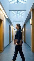 Professional businesswoman walking through modern office corridor with leather portfolio in contemporary corporate building with skylights.