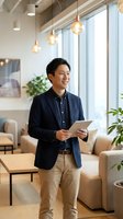 Young Asian businessman holding tablet in modern office space with natural lighting and contemporary furniture for professional presentations.