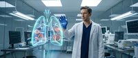 Male doctor examining holographic lungs display in modern medical laboratory for healthcare technology research.