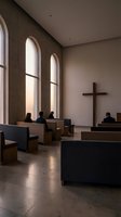 Interior of modern chapel with wooden pews, tall arched windows casting natural light, wooden cross on wall, and worshippers in prayer. Suitable for religious, spiritual, and architectural design projects.