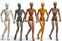 Wooden artist mannequins in different skin tones standing in row showing diversity and representation in art supplies, isolated on white background for design use.