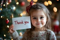 Adorable young Caucasian girl holding thank you card near Christmas tree with festive lights. Holiday gratitude and appreciation concept for seasonal greetings.