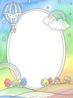Cute oval frame with hot air balloon, rainbow, clouds and colorful trees on pastel gradient background for children design projects and greeting cards.