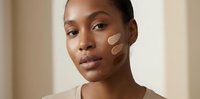 Young African American woman applying foundation makeup with finger on cheek in natural lighting for skincare and beauty routine.