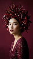 Asian woman wearing elaborate red chili pepper headdress and embellished burgundy garment against deep wine background. Artistic portrait for fashion, editorial, and creative design projects.