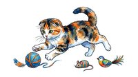 Playful kitten with orange and black tabby markings pouncing on toys including a ball, mouse, and colorful bird. Isolated on white background, ready for design use on merchandise and print materials.