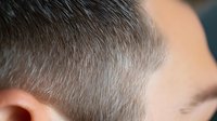 Close up view of male head with short gray hair showing signs of aging and natural graying process against neutral background.