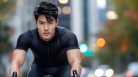 Young Asian male athlete in black sportswear cycling outdoors on city street with blurred bokeh background. Focused expression during morning workout session.